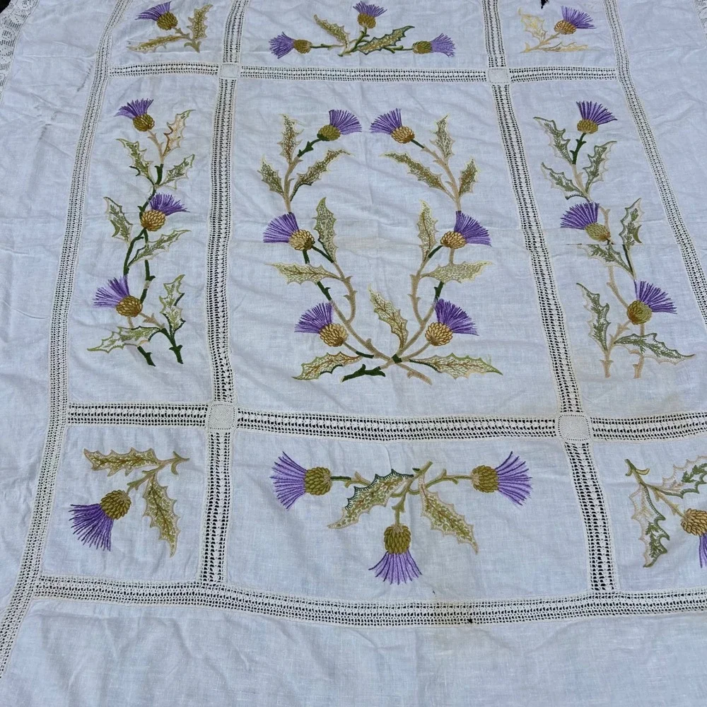 Vintage Hand Embroidered Irish Thistle Floral Table Cloth White Crochet Lace